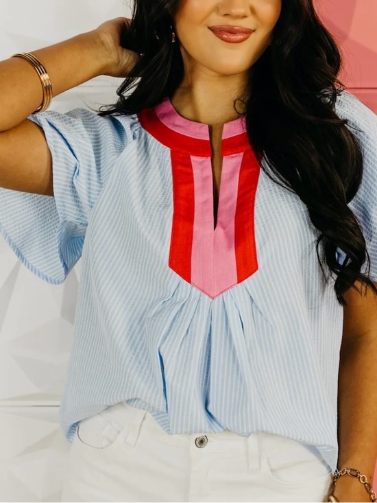 THML Tops - THML Light Blue Stripe Top with Neck Trim
